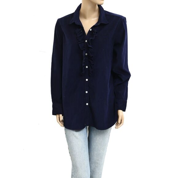 Kerri Rosenthal Ruffle Long Sleeve Tunic Shirt Top Buttondown Navy L NEW 282612 - Picture 1 of 5